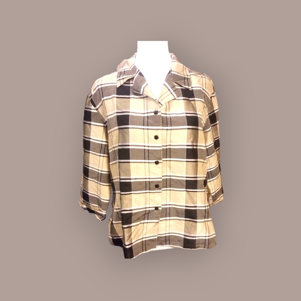 Silk gold plaid button down